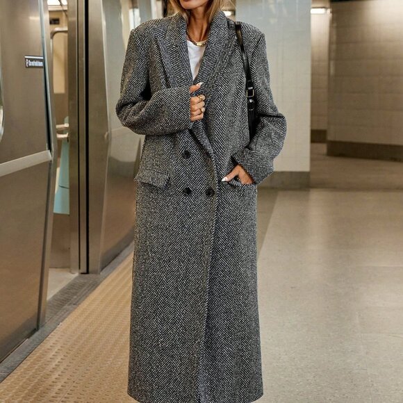 Grey Casual Women's Herringbone Lapel Collar Long Sleeve Overcoat - Picture 5 of 6